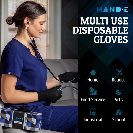 Hand-E Nitrile Disposable Gloves, 3 mil Palm, Nitrile, Powder-Free, S, 50 PK, Black HND-82710